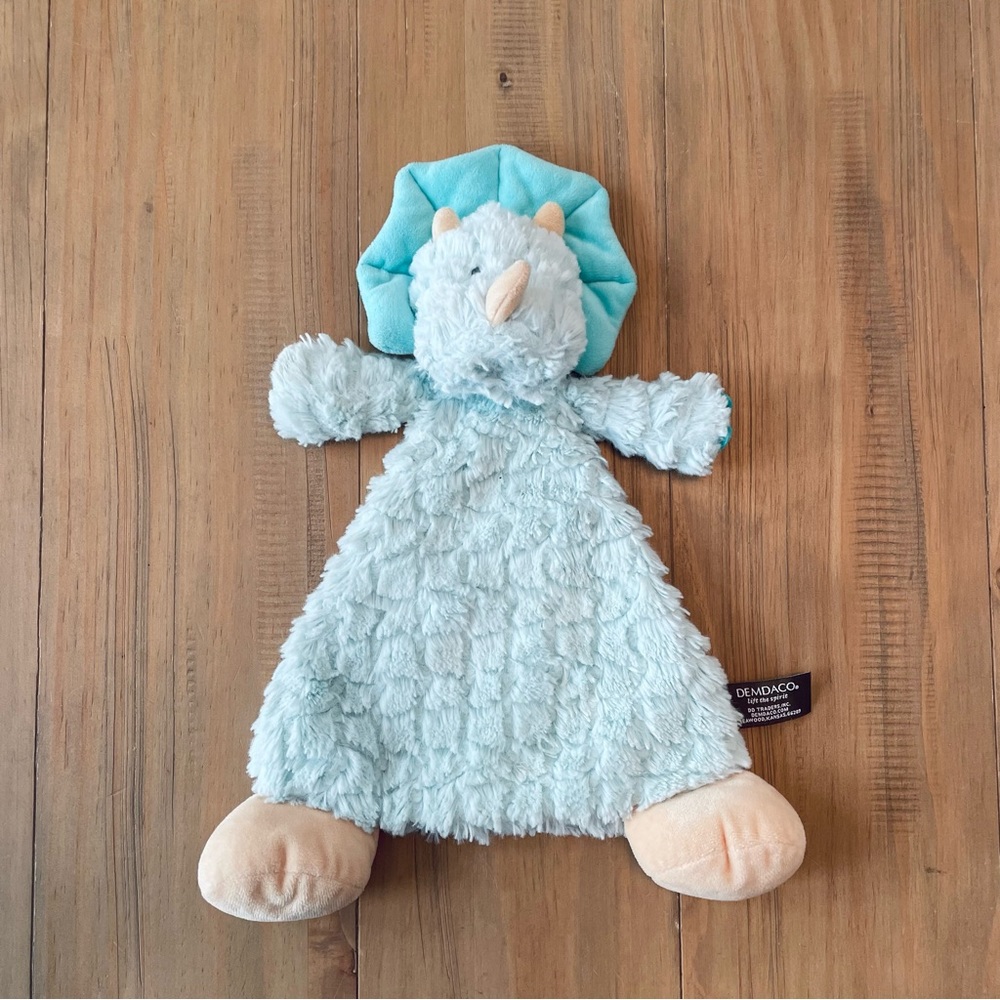 Demdaco Lovey Dinosaur Triceratops Rattle Security Blanket Toy 12” Soft